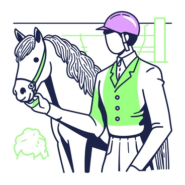 A detailed portrait of a horse rider is displayed, featuring the rider in a fitted riding jacket with visible textures and seams, and a white shirt underneath. The rider wears a fitted helmet, reflecting the light. The horse stands proudly beside the rider, with a lush mane flowing, showcasing intricate strands and natural curls. The background includes subtle elements of a stable, with wooden beams and a hint of hay, emphasizing the equestrian setting. The engraving technique captures the fine details of both the rider's attire and the horse's features, creating a rich visual depth.
