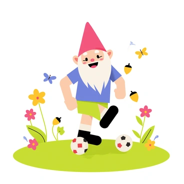 A cheerful garden gnome with a red pointy hat and a blue shirt is playing soccer in a grassy field. The gnome has a joyful expression on his face as he kicks tiny acorn-sized soccer balls across the lawn. Surrounding him are various colorful flowers and a few butterflies fluttering in the air. The grassy field extends into the background with a clear blue sky overhead, completing the playful scene.