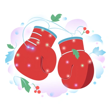A pair of boxing gloves is suspended against a soft gradient background. The gloves are vibrant red, adorned with colorful Christmas lights that are intricately wrapped around them. Scattered holly leaves with bright red berries are placed around the gloves, adding a festive touch. The lights emit a gentle glow, illuminating the gloves and creating a cheerful holiday atmosphere. Each glove is laced with white stitching, emphasizing its texture and form.