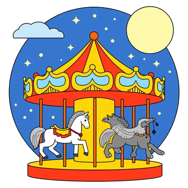 A colorful carousel adorned with fantastical creatures, including a unicorn with a shimmering mane, a dragon with bright scales, and a griffin with majestic wings. The carousel is rotating smoothly, with each creature positioned on a decorative pole. The scene is illuminated by a large, bright full moon in the night sky, casting a soft glow over the carousel. Surrounding the carousel are twinkling stars and gentle clouds, enhancing the magical atmosphere of the image.