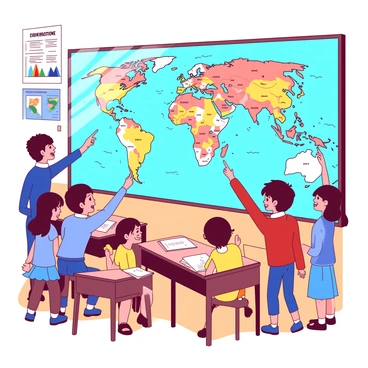 A large world map is mounted on a classroom wall, displaying vibrant illustrations of various countries. Several students are gathered around the map, each pointing at different countries with excitement. One student, wearing a blue shirt, is pointing at Africa, while another, dressed in a yellow dress, is reaching towards South America. A third student, in a red sweater, is indicating Asia. The classroom is filled with wooden desks and colorful educational posters. Sunlight is streaming through the windows, illuminating the scene.