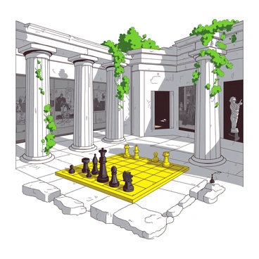 A yellow chessboard is set up in the center of a white stone floor, nestled amidst the crumbling remnants of an ancient temple. The temple features tall, broken columns draped with green vines, creating a contrast against the weathered stone. On the chessboard, pieces are arranged in an intense battle formation; the black pieces are intricately carved with designs of mythical creatures. The surrounding walls are adorned with faded murals depicting historical events, and shafts of sunlight break through the gaps in the temple's roof, illuminating the scene.