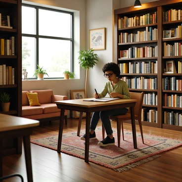 An illustrator with curly hair and glasses is seated at a wooden table in the interior of a quaint Seattle bookstore. She holds a sketchpad on her lap and is focused on drawing. The bookstore has tall shelves lined with colorful books, and a cozy atmosphere is created by warm lighting. There are a few potted plants on the windowsill, and a vintage rug is on the floor. In the background, a small reading nook with comfortable chairs invites patrons to relax.