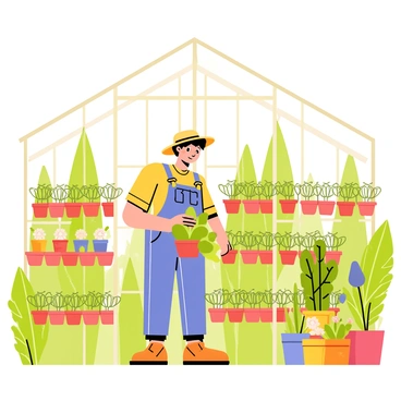 A farmer wearing a straw hat and overalls is tending to young green plants in pots inside a vibrant greenhouse. The greenhouse has tall glass walls that let in bright sunlight, illuminating the various shades of green from the plants. Shelves filled with pots of seedlings and flowering plants are neatly arranged. Outside the greenhouse, there is a backdrop of lush greenery, including tall trees and colorful flowers, creating a vibrant atmosphere.
