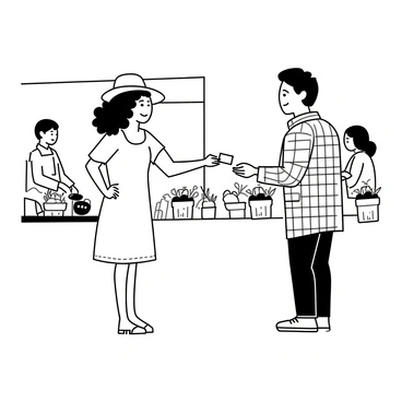 Two people standing at a farmer's market booth, surrounded by an array of fresh produce. One person, a woman with curly hair wearing a sun hat and a casual summer dress, is handing a small card to another person, a man with short hair dressed in a plaid shirt and jeans. The booth features baskets filled with colorful vegetables and fruits, and other market-goers can be seen in the background browsing the stalls. Both individuals are smiling as they engage in conversation.