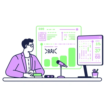 A sports analyst is seated at a desk, focused intently on the data in front of him. He is wearing a fitted jacket and glasses, with short hair neatly combed. To his right, there is a large screen displaying multiple betting charts, featuring various lines and indicators. The charts include detailed statistics such as fighter win-loss records and odds. In front of him, there are several papers with handwritten notes and observations about the upcoming boxing match. A microphone is positioned on the desk, and a small cup with pens is visible in the corner.