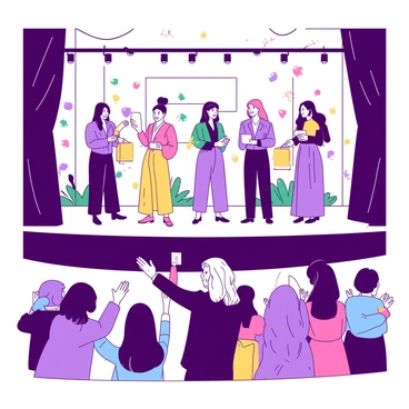 An elegant ceremony takes place in a spacious hall, where several artists are standing on a large stage. Each artist is dressed in formal attire, showcasing a variety of colorful outfits. Bright lights illuminate the stage, highlighting the expressions of joy on the artists' faces as they receive their grants. The audience, visible in the foreground, is clapping enthusiastically, with hands raised in applause. Colorful decorations adorn the stage backdrop, adding to the celebratory atmosphere. The overall scene conveys a sense of achievement and excitement.