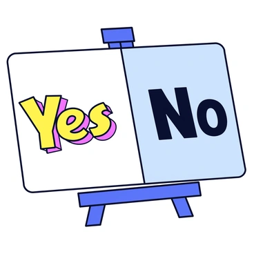 A rectangular artist's canvas is split vertically in half. The left side of the canvas features the word "Yes" painted in bright, vibrant colors, radiating positivity. The letters are bold and have a slight three-dimensional effect. The right side of the canvas displays the word "No" painted in dark shades, with a shadowy appearance that gives it a heavy feel. The contrasting colors between the two words create a clear division on the canvas. The canvas is mounted on an easel set against a plain background.