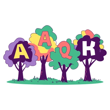 A vibrant row of trees where the trunks and leaves are shaped like different alphabet letters. Each tree has a unique letter for its trunk, showcasing various sizes and styles, such as a tall "A", a broad "B", and a curvy "C". The leaves of each tree are also crafted to resemble the same letter, creating a seamless design. The ground is covered with lush green grass, and the sky above is clear, allowing sunlight to filter through the colorful foliage.