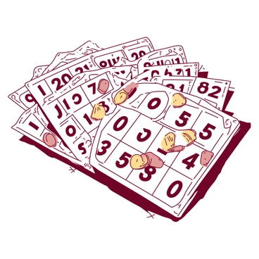 A close-up of vintage bingo cards featuring intricate designs and faded numbers. Each card has several printed numbers arranged in a grid format. Wooden tokens are placed on various numbers, highlighting their presence on the cards. The tokens have a natural wood finish, contrasting with the textured surface of the bingo cards. The setting captures the nostalgia of classic bingo games, with the cards slightly overlapping to create an inviting composition.