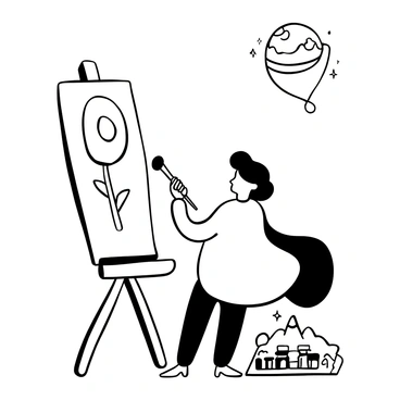 A small figure wearing a flowing cape is standing in front of a blank canvas on an easel. The figure is holding a paintbrush, poised as if ready to paint. On the canvas, there are outlines of a rose being drawn. Nearby, there are paint tubes and a palette with various colors arranged neatly. In the background, there is a small planet with tiny mountains and stars scattered around it. The atmosphere is filled with an air of concentration and creativity.