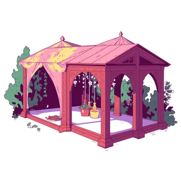 A mandap is adorned with intricate decorations and draped fabric, surrounded by lush greenery. The structure features elaborate carvings and embellishments, with floral arrangements hanging from the ceiling. The entire scene is illuminated by the warm hues of a setting sun, creating a captivating atmosphere. Shadows play across the mandap, adding depth to the intricate designs. Soft light reflects off the fabric, enhancing the colors of the surroundings.