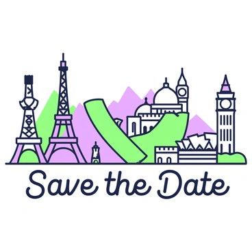 A collection of famous landmarks from around the world is arranged to spell out "Save the Date." The Eiffel Tower stands tall as the letter "A," its iron lattice structure visible. The Great Wall of China winds to form the letter "V," showcasing its historic bricks against a mountainous backdrop. The Statue of Liberty, holding a torch, represents the letter "E." The Taj Mahal, with its distinctive domes and minarets, forms the letter "T." The Sydney Opera House, with its unique sail-like design, stands for the letter "H." Big Ben towers elegantly as the letter "D," while the Colosseum arches create the letter "A" in this composition. Each landmark is precisely depicted, maintaining their recognizable features.