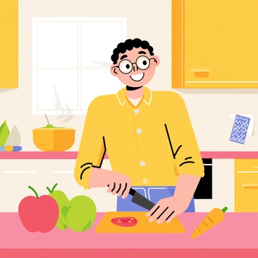 A slowboy with a round face and oversized glasses stands in a cozy kitchen. He has a cheerful expression as he carefully chops vibrant vegetables on a wooden cutting board. A variety of fresh ingredients including bright red tomatoes, green bell peppers, and orange carrots are spread out on the counter. The kitchen features warm wooden cabinets, a knitted dish towel hanging from the oven handle, and a window that lets in soft sunlight. A pot is simmering on the stove, filling the air with the aroma of a delicious meal in preparation.