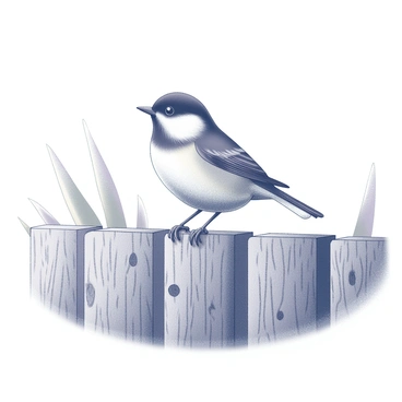 A chickadee perched on a rustic wooden fence. The bird has a rounded body and distinct black and white markings on its head. Its wings are tucked against its sides, and it stands on one leg, showcasing its ability to balance. The wooden fence features rough, textured boards with visible knots and weathered grain, adding to the rustic charm of the scene. In the background, there are hints of greenery, suggesting a natural setting.