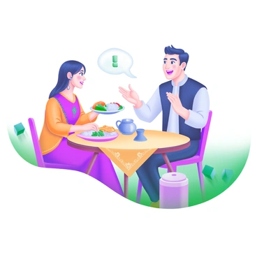 A modern pastel illustration depicting two people sitting at a small, round table, enjoying a meal together. One person, a woman wearing a bright, patterned dress, is serving a plate of colorful food, which includes vibrant vegetables and rice. The other person, a man dressed in a traditional shirt, is animatedly sharing a story, gesturing with his hands. Surrounding them are various cultural elements, such as a small decorative vase and a tablecloth featuring intricate designs. The background features soft, warm colors to create an inviting atmosphere.
