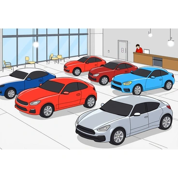 A spacious car showroom filled with a shiny array of cars on display. The cars come in various bright colors, including red, blue, and silver, each with polished surfaces that reflect the lights above. The showroom has glossy white floors that enhance the shine of the vehicles. Spotlights are focused on each car, highlighting their sleek designs. There are large glass windows on the sides, allowing natural light to flood the room, casting soft shadows. In the background, there are modern seating areas with stylish chairs, and a reception desk with a friendly attendant.