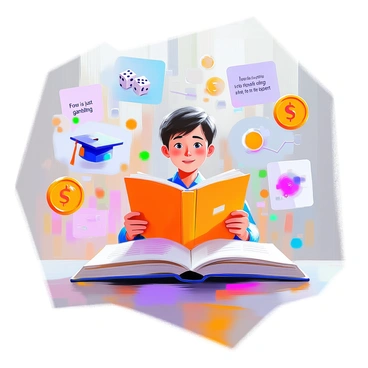 A colorful illustration depicting various common myths about Forex trading being debunked. In the foreground, a friendly character with a questioning expression is looking at a large book titled "Forex Myths." Around them, several floating labels include quotes like "Forex is just gambling," "You need to be a financial expert," and "It’s impossible to make money." Each quote is visually represented by cartoonish illustrations, such as a pair of dice for gambling, a graduation cap for expertise, and a sad face for losing money. The background features a bright and engaging scene, with stylized charts and currency symbols to emphasize the trading theme.