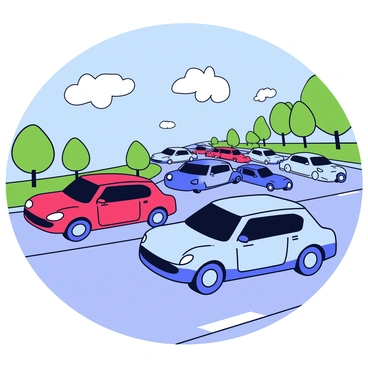 A fleet of self-driving cars in various colors, including red, blue, and silver, is traveling smoothly on a busy highway. The cars are sleek and modern in design, each featuring smooth, aerodynamic shapes. The highway has multiple lanes filled with a mix of vehicles, and there are green trees lining the sides, providing a contrast to the asphalt road. The sky is clear with a few fluffy white clouds. The scene captures the organized flow of traffic, highlighting the efficiency of the self-driving technology.