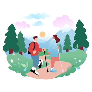 Kaede and Suzu are walking along a mountain trail surrounded by lush greenery. Kaede is wearing a vibrant red jacket, and Suzu is dressed in a light blue coat. Both have trekking poles in their hands, and their backpacks are filled with supplies. The trail winds upward, flanked by tall trees and scattered wildflowers. Above them, the sky displays a gradient of pastel colors, transitioning from soft pink to light orange as the sun begins to set. A few fluffy clouds drift lazily in the sky, adding to the serene atmosphere of their adventure.