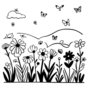 A wide meadow filled with various wildflowers in different shapes and sizes. Numerous butterflies are fluttering above the flowers, showcasing different wing patterns. Several bees are buzzing around, collecting pollen from the vibrant blooms. In the background, a gentle hill rises, providing a sense of depth to the scene. The overall atmosphere exudes the liveliness of nature.