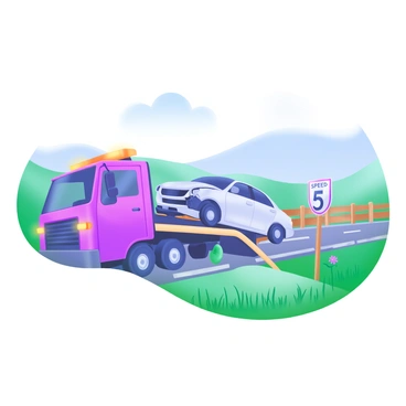 A tow truck is positioned on a rural road, with its flashing lights illuminated in bright orange and yellow. The truck is towing a silver sedan that has visible damage on the passenger side and a crumpled front bumper. Surrounding the scene are tall green grass and a few scattered wildflowers, with a backdrop of soft rolling hills under a clear blue sky. Nearby, a wooden fence runs parallel to the road, and a sign indicating the speed limit stands in the distance.