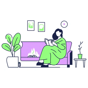 A woman wrapped in a blanket is sitting comfortably in a minimalist living room. She has long hair cascading over her shoulders and is focused on a book held in her hands. The blanket is draped over her lap, with the fireplace flickering in the background, providing warmth and light. The living room features a simple, modern sofa and a small coffee table beside her. On the wall behind, there are a few framed pictures arranged neatly. A potted plant sits in the corner, adding a touch of greenery to the space.