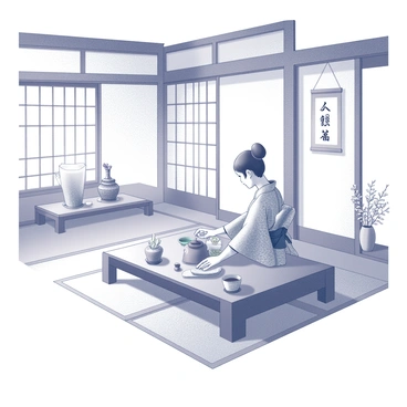 A traditional Japanese tea ceremony is being conducted in a spacious tatami room. The room has wooden beams and shoji screens allowing soft light to filter in. In the center, a low wooden table is set, displaying multiple tea utensils including a teapot, tea cups, and a tea whisk. A person dressed in a kimono, adorned with intricate patterns, is gracefully preparing the tea. Their movements are deliberate and respectful, reflecting the ritual's significance. The tatami mats cover the floor, creating a natural and serene atmosphere. Decorative elements include a hanging scroll with calligraphy and a simple vase holding a small arrangement of seasonal flowers.