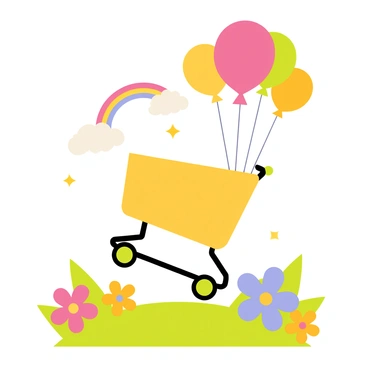 A whimsical scene featuring a floating shopping cart with bright colors. The shopping cart is adorned with colorful balloons that lift it gently into the sky. Below, there are fluffy white clouds and a rainbow arching in the background. Small stars are scattered throughout the scene, adding a magical touch. The ground is covered in vibrant green grass with oversized flowers in various colors surrounding it.