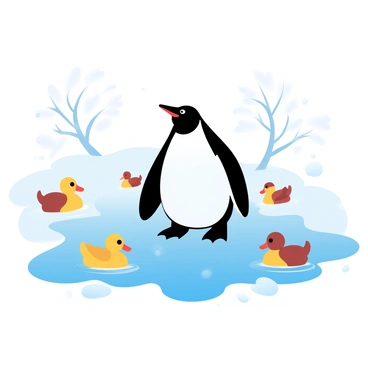 A single penguin is standing in the center of a snowy pond, surrounded by a group of ducks that are swimming nearby. The penguin has a sleek black and white body with flippers tucked at its sides. The ducks display a variety of colors, with some having bright yellow or brown feathers. Snow blankets the surface of the pond, creating a soft, white contrast to the dark water. Flurries of snowflakes can be seen gently falling from the sky. In the background, there are barren trees with branches dusted in white snow.