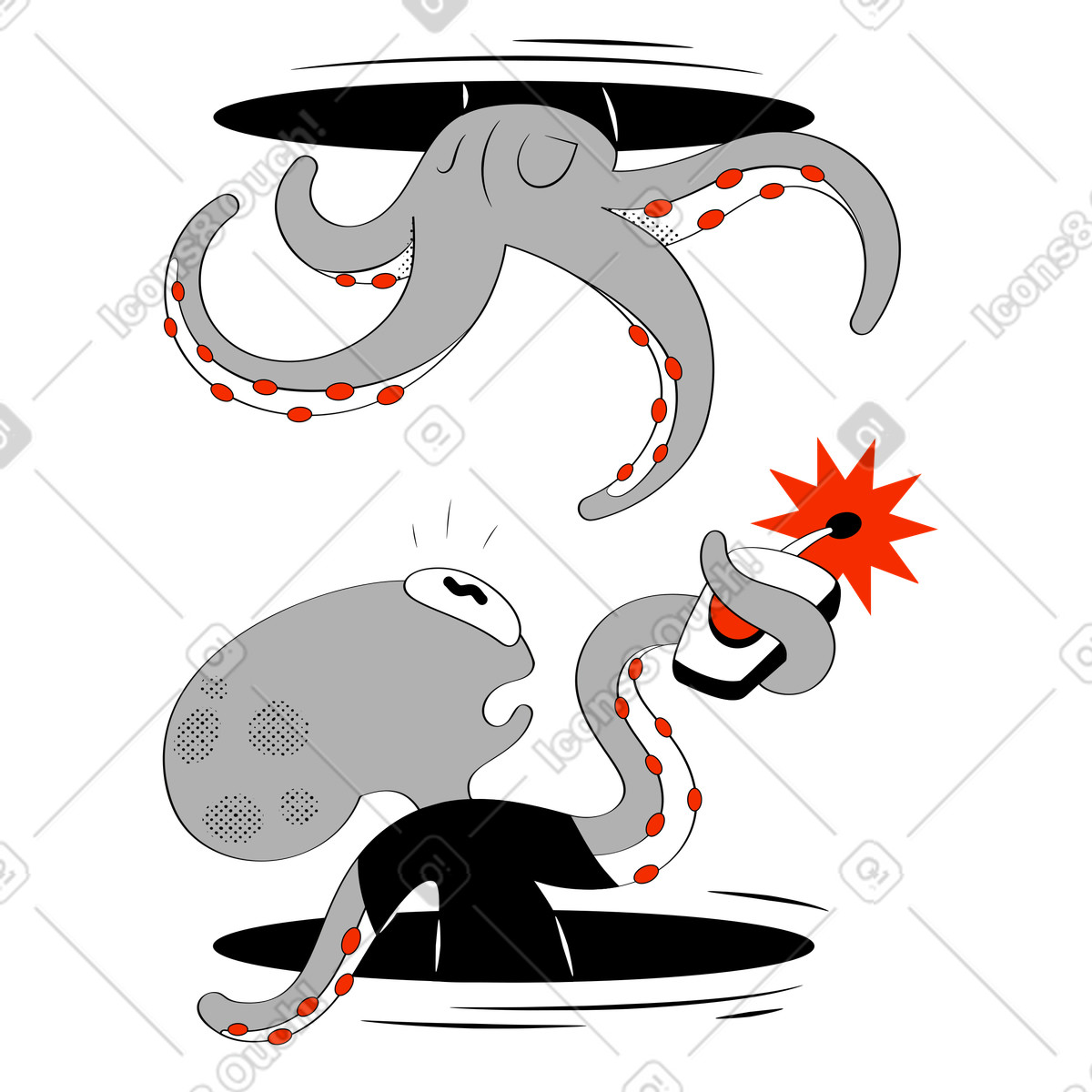 Illustration Octopus going through portal, Fatal error or bad gateway concept dans le style Looney à télécharger aux formats PNG, SVG