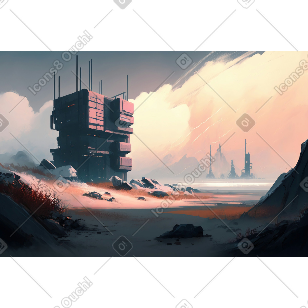 Empty landscape with futuristic building background illustration in Experimental style download in PNG, SVG
