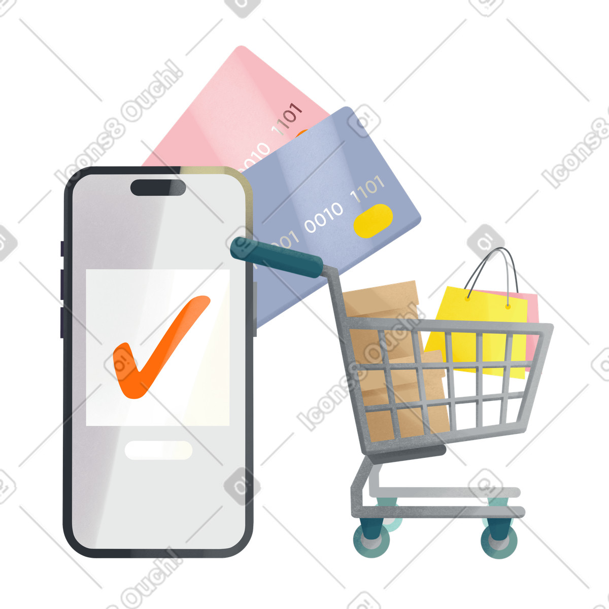 Ilustração de Entrega mercadorias da loja usando um telefone celular e cartões crédito em no estilo Shine para baixar em PNG, SVG