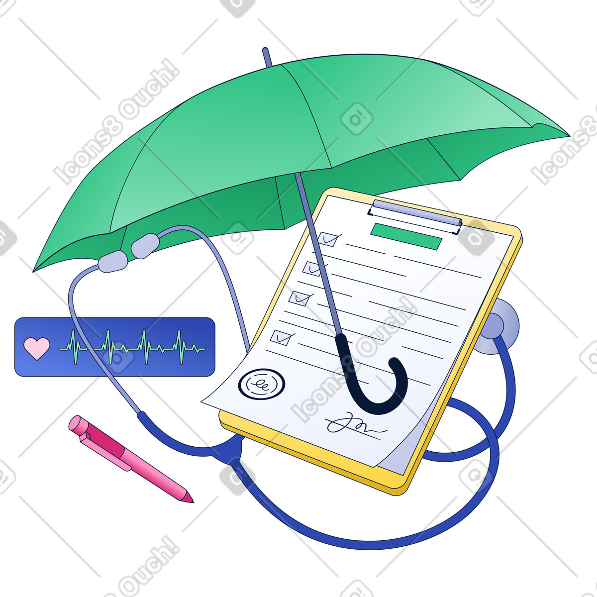 Health document and stethoscope under umbrella, health coverage protection, medical policy and safety illustration in PNG, SVG
