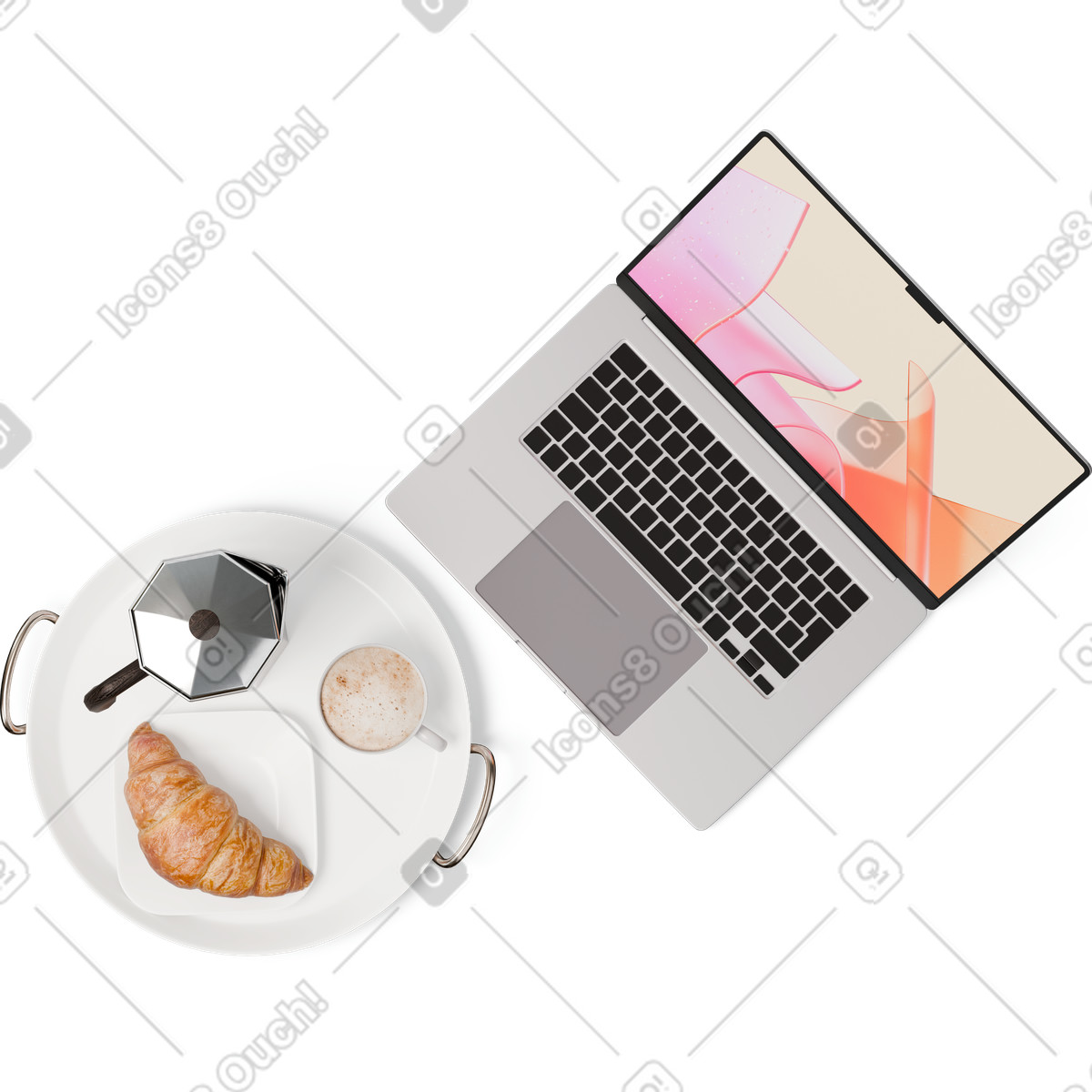 Top view of laptop, moka pot, and croissant on the tray illustration in 3D Hygge style download in PNG, SVG