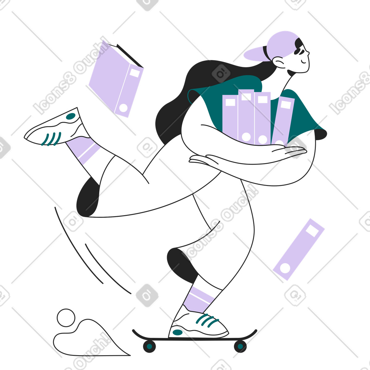 Donna sullo skateboard con cartelle di file illustrazione animata in stile Sammy Line scaricabile in GIF, Lottie (JSON), AE