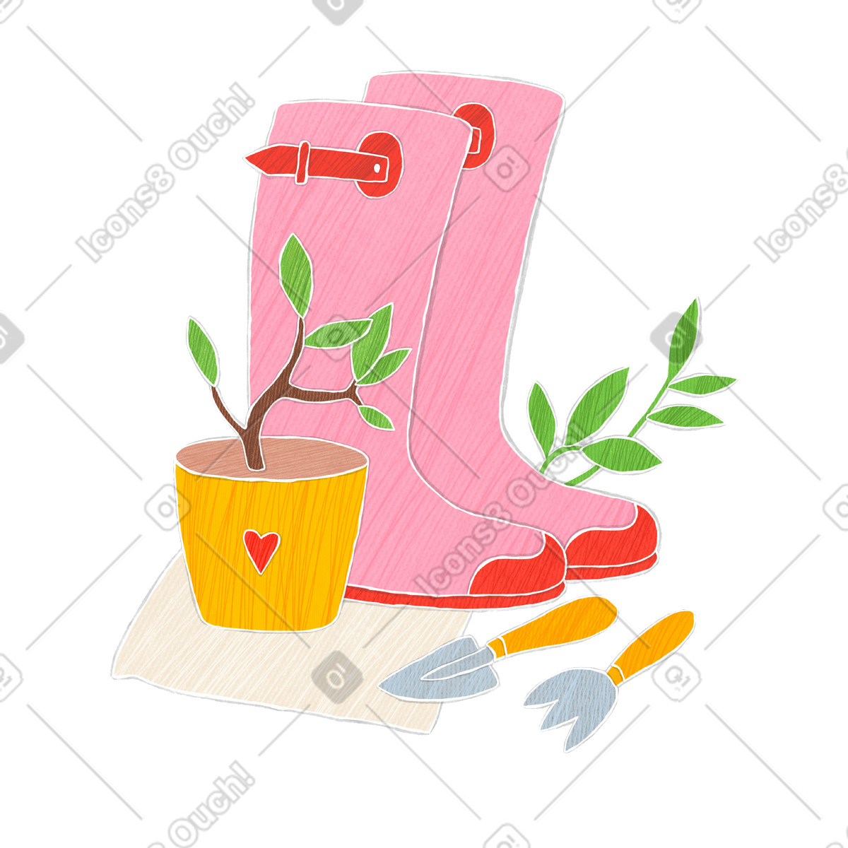 Crafty 스타일의 Pink rubber boots and gardening tools 일러스트레이션 PNG, SVG 다운로드
