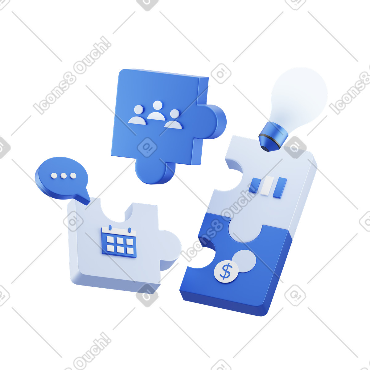 Puzzle pieces with business icons, Project management or strategy concept animated illustration in 3D Techny style download in GIF, Lottie (JSON), AE