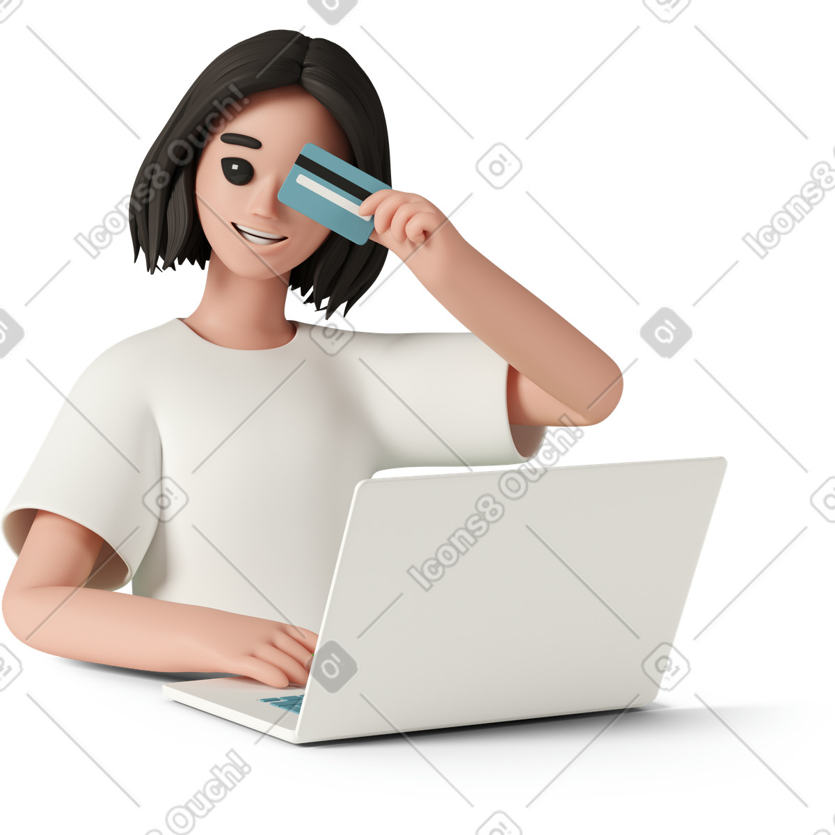 Happy shopper using laptop and bank card, ecommerce purchase deals illustration in 3D Casual life style download in PNG, SVG