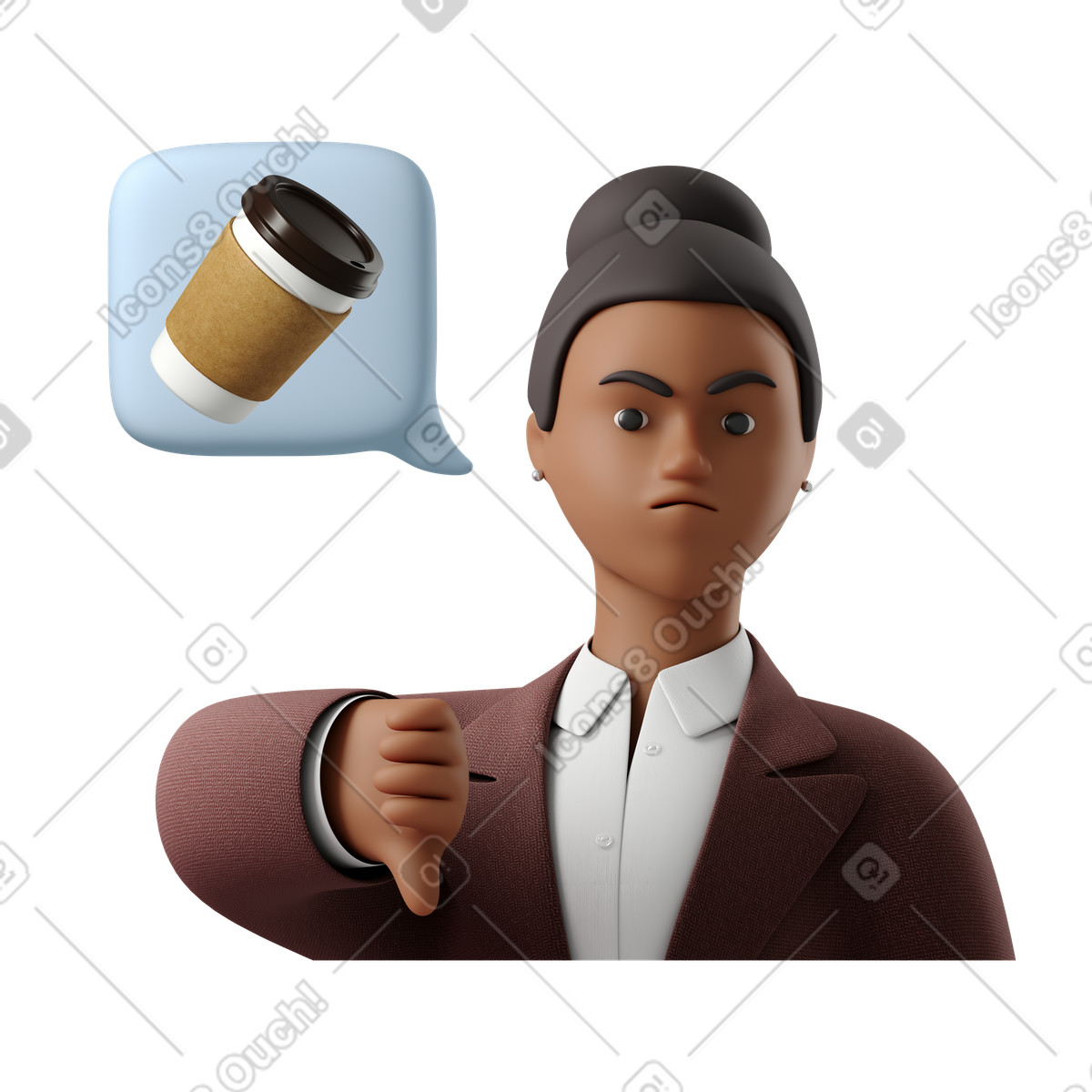 Geschäftsfrau zeigt daumen nach unten zu einem geschmacklosen kaffee-Illustration im 3D Business-Stil als Download in PNG, SVG