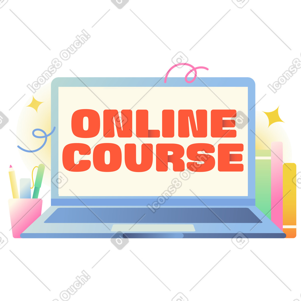 Lettering Online Course on laptop with books and pencils text illustration in Beam style download in PNG, SVG
