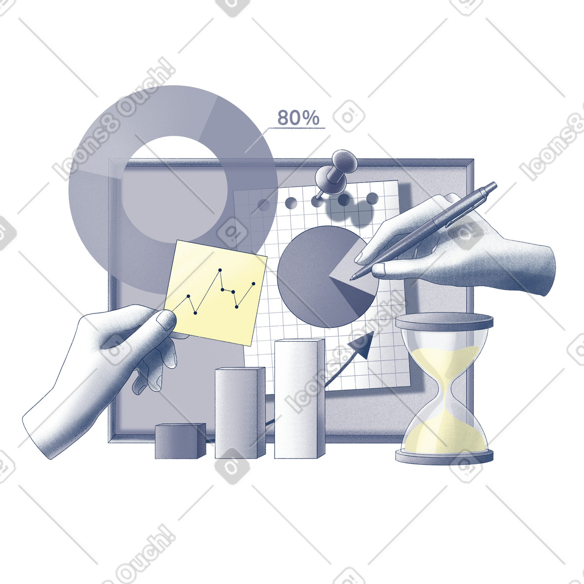 Hands working on business analytics illustration in Haze style download in PNG, SVG