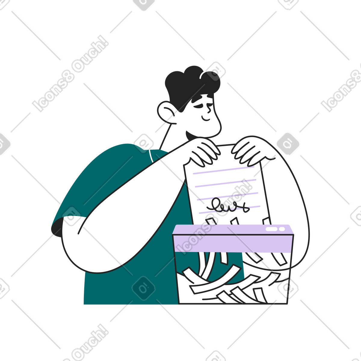 Sammy Line 스타일의 Employee using paper shredder, Secure document destruction process 일러스트레이션 PNG, SVG 다운로드