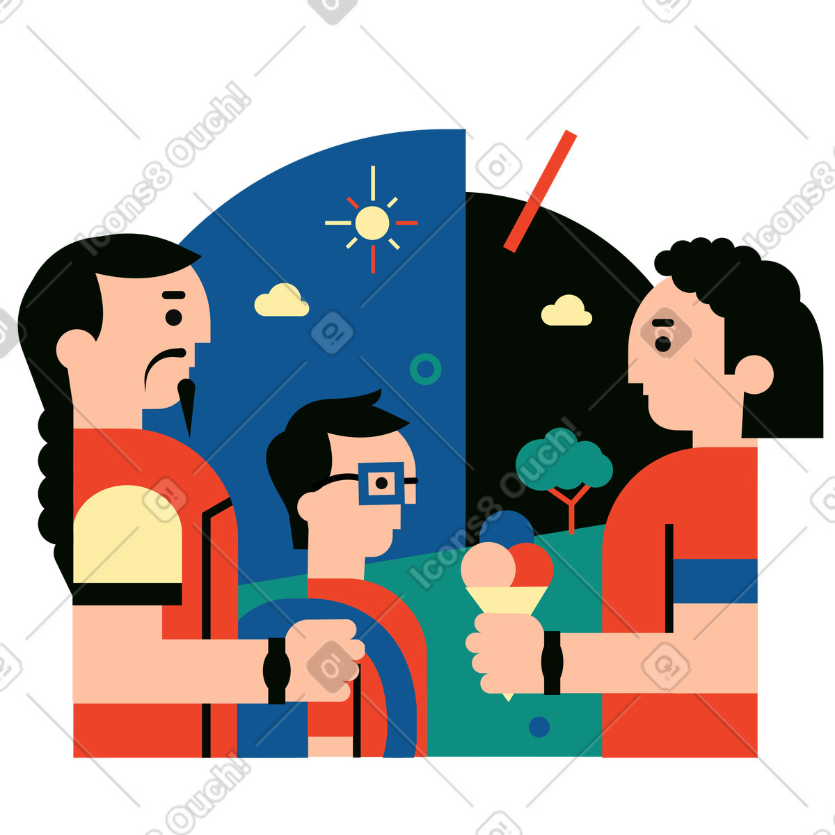 Ilustración Dos hombres y su hijo comiendo helado afuera en estilo Polar a descargar en PNG SVG