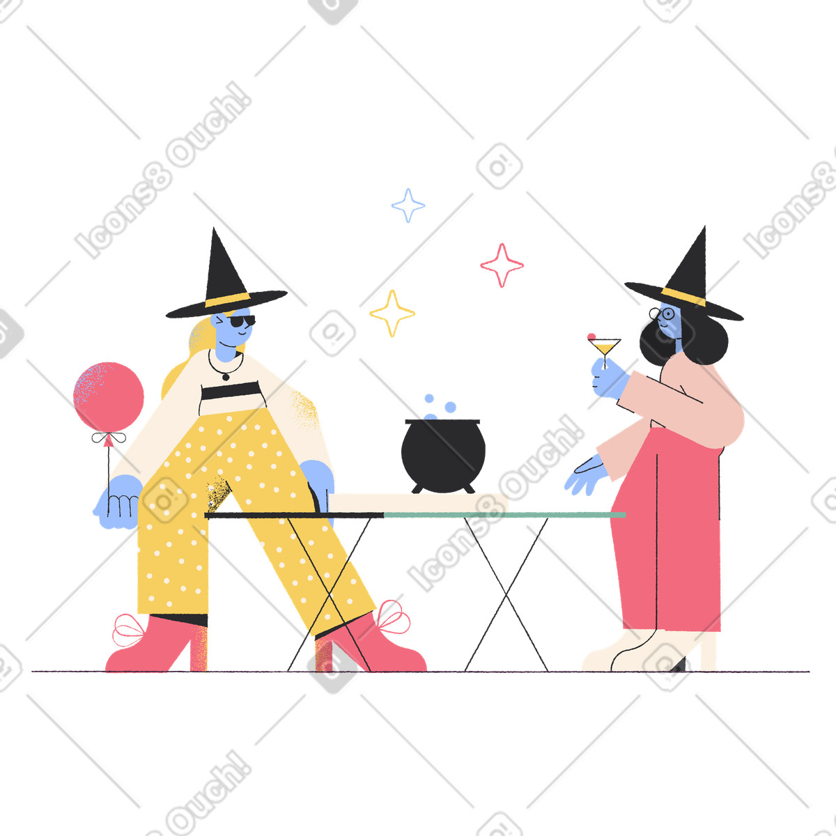 Two witches and cauldron on halloween party illustration in Pablo style download in PNG, SVG