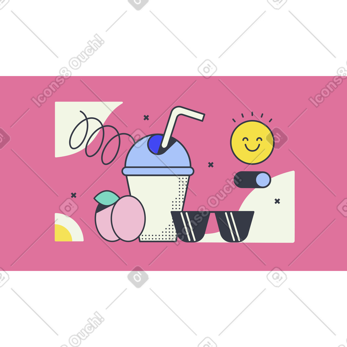 Summer soda drink, peach and sunglasses illustration in Abstract style download in PNG, SVG