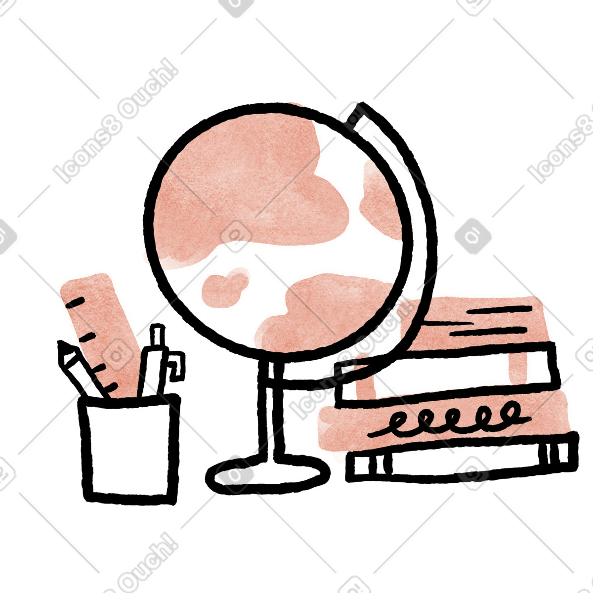 下载 Anthropic Claude Hand Drawn 风格的 Globe with books and pencil cup for school study desk 插画，支持 PNG、SVG 格式