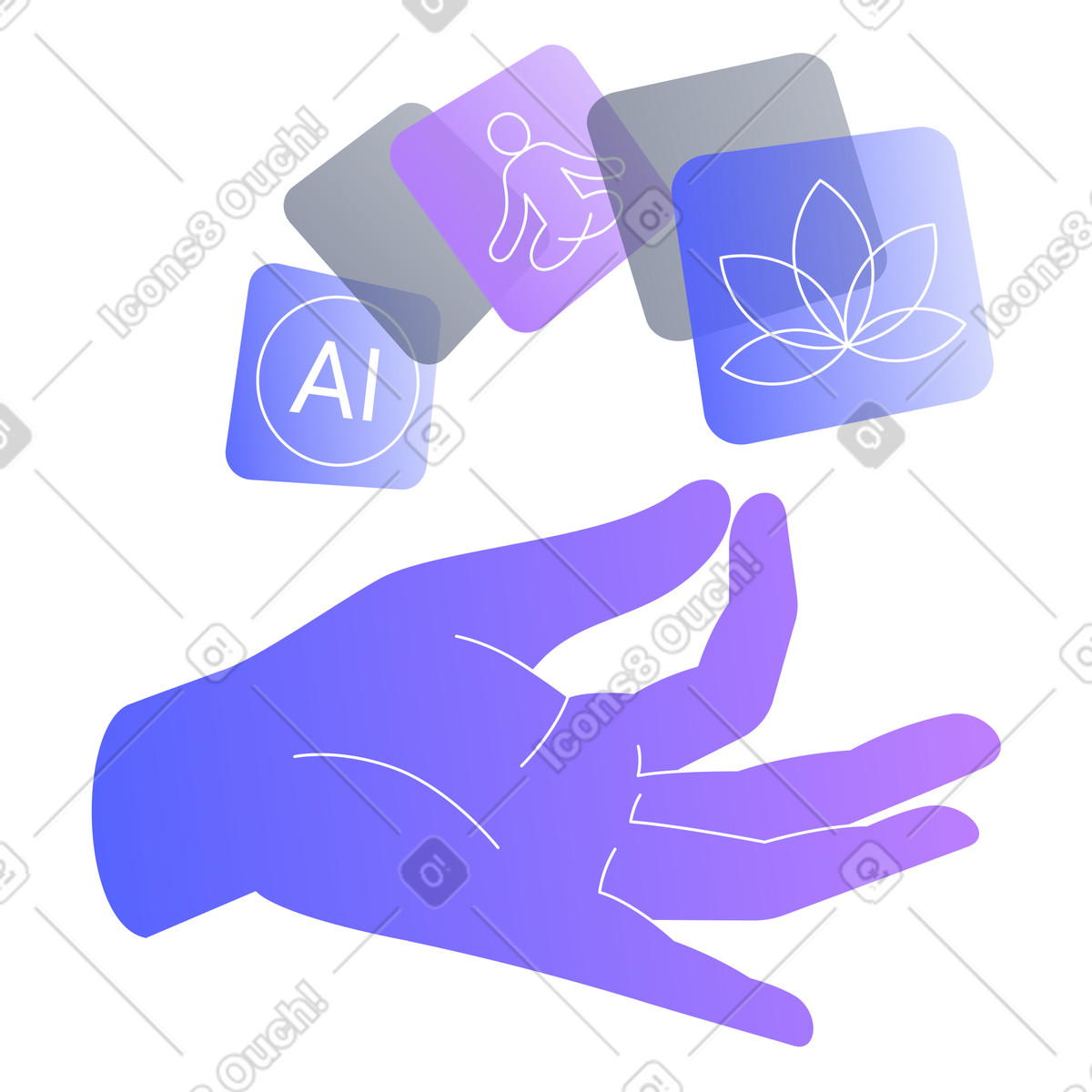 Purple hand with wellness and AI app icons, Digital wellbeing mental health management-Illustration im Lucent-Stil als Download in PNG, SVG