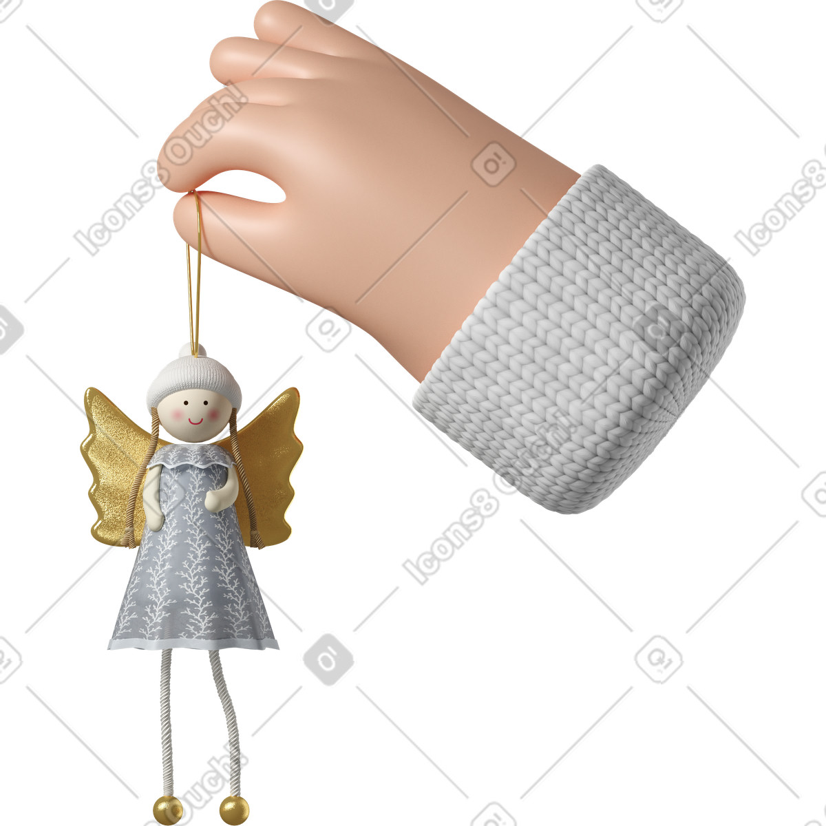 3D Hands Fun&Wild スタイルの クリスマスの天使のおもちゃを持っている白い肌の手 のイラストをPNG、SVG形式でダウンロード