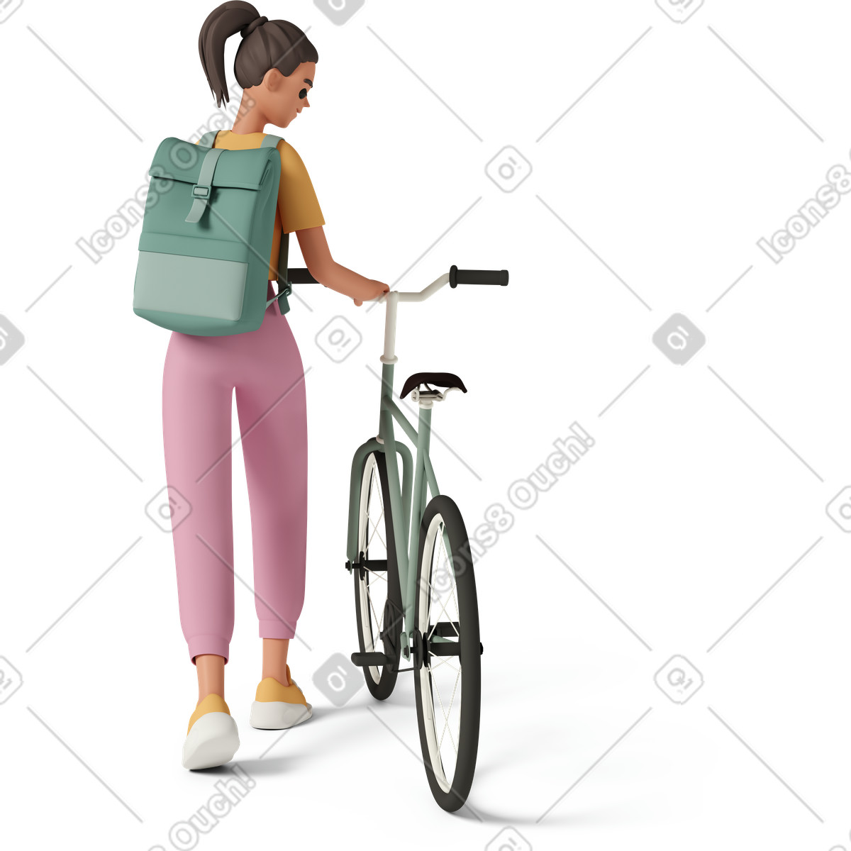 Ilustração de Back view of young woman in backpack standing with bicycle em no estilo 3D Casual life para baixar em PNG, SVG